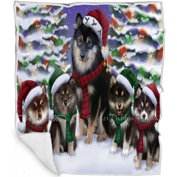 Finnish Lapphund Dogs Christmas Family Portrait in Holiday Scenic Background Blanket BLNKT143269