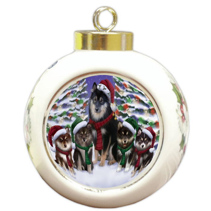 Christmas Happy Holidays Finnish Lapphund Dogs Family Portrait Round Ball Christmas Ornament Pet Decorative Hanging Ornaments for Christmas X-mas Tree Decorations - 3" Round Ceramic Ornament