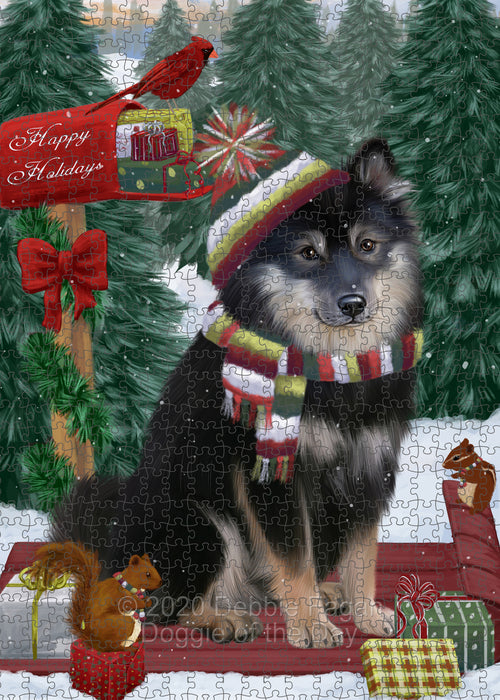 Christmas Woodland Sled Finnish Lapphund Dog Portrait Jigsaw Puzzle for Adults Animal Interlocking Puzzle Game Unique Gift for Dog Lover's with Metal Tin Box PZL891