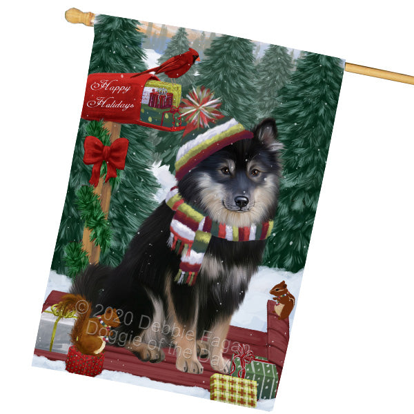 Christmas Woodland Sled Finnish Lapphund Dog House Flag Outdoor Decorative Double Sided Pet Portrait Weather Resistant Premium Quality Animal Printed Home Decorative Flags 100% Polyester FLG69568