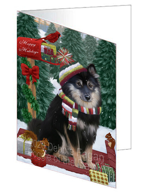 Christmas Woodland Sled Finnish Lapphund Dog Handmade Artwork Assorted Pets Greeting Cards and Note Cards with Envelopes for All Occasions and Holiday Seasons