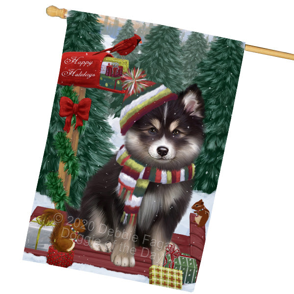 Christmas Woodland Sled Finnish Lapphund Dog House Flag Outdoor Decorative Double Sided Pet Portrait Weather Resistant Premium Quality Animal Printed Home Decorative Flags 100% Polyester FLG69569