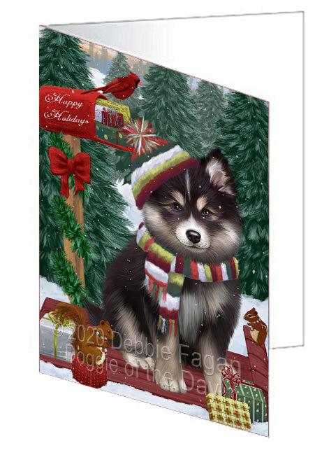 Christmas Woodland Sled Finnish Lapphund Dog Handmade Artwork Assorted Pets Greeting Cards and Note Cards with Envelopes for All Occasions and Holiday Seasons