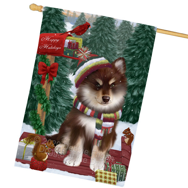 Christmas Woodland Sled Finnish Lapphund Dog House Flag Outdoor Decorative Double Sided Pet Portrait Weather Resistant Premium Quality Animal Printed Home Decorative Flags 100% Polyester FLG69570
