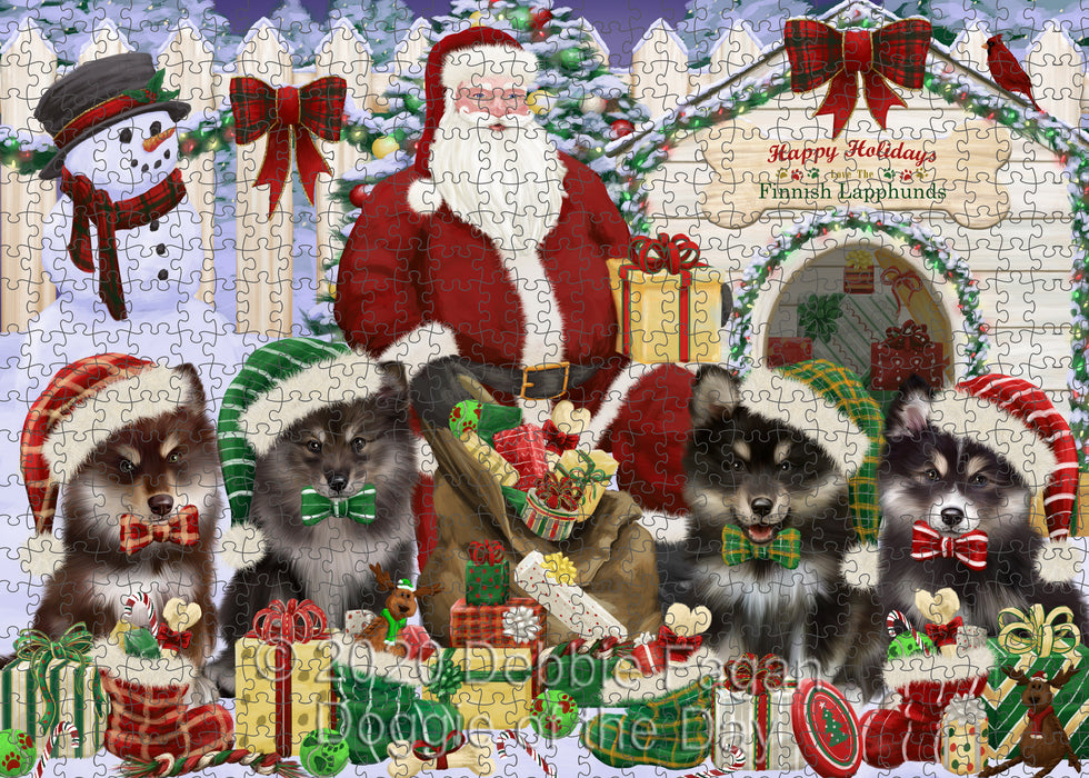 Christmas Dog house Gathering Finnish Lapphund Dogs Portrait Jigsaw Puzzle for Adults Animal Interlocking Puzzle Game Unique Gift for Dog Lover's with Metal Tin Box