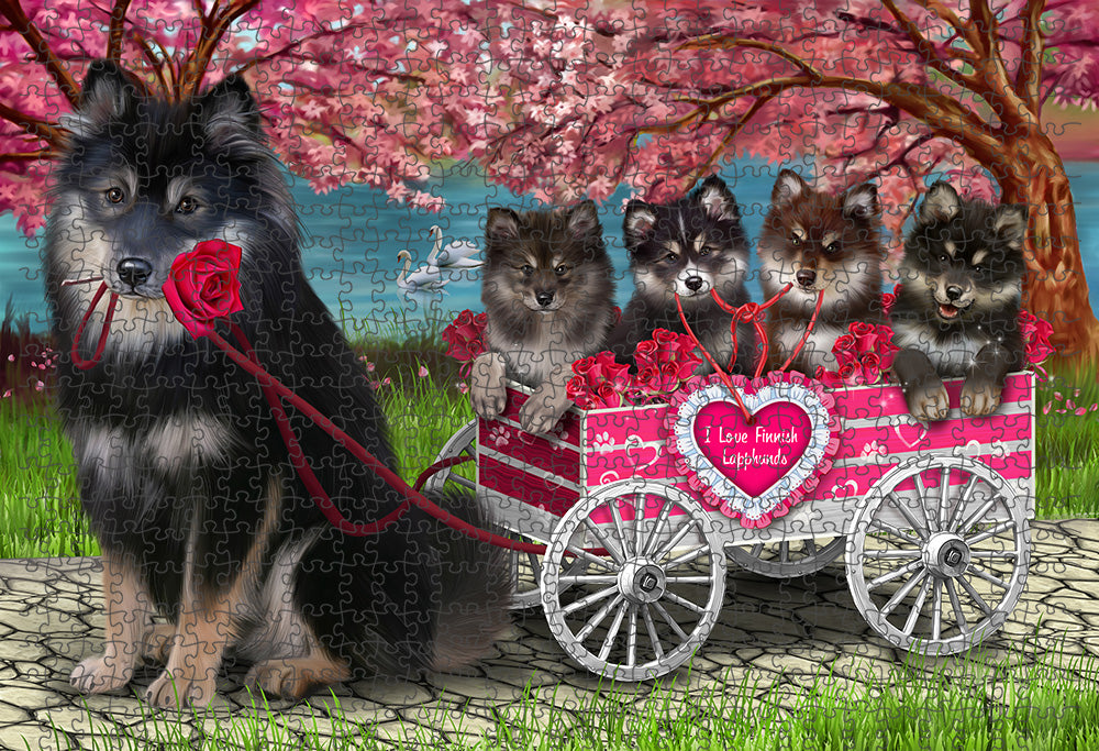 I Love Finnish Lapphund Dogs in a Cart Portrait Jigsaw Puzzle for Adults Animal Interlocking Puzzle Game Unique Gift for Dog Lover's with Metal Tin Box