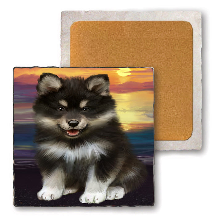 Sunset Finnish Lapphund Dog Set of 4 Natural Stone Marble Tile Coasters MCST52154