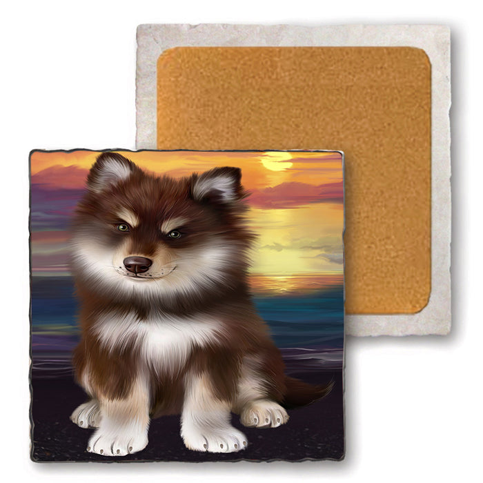 Sunset Finnish Lapphund Dog Set of 4 Natural Stone Marble Tile Coasters MCST52157