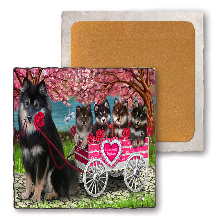 I Love Finnish Lapphund Dogs in a Cart Set of 4 Natural Stone Marble Tile Coasters MCST52117