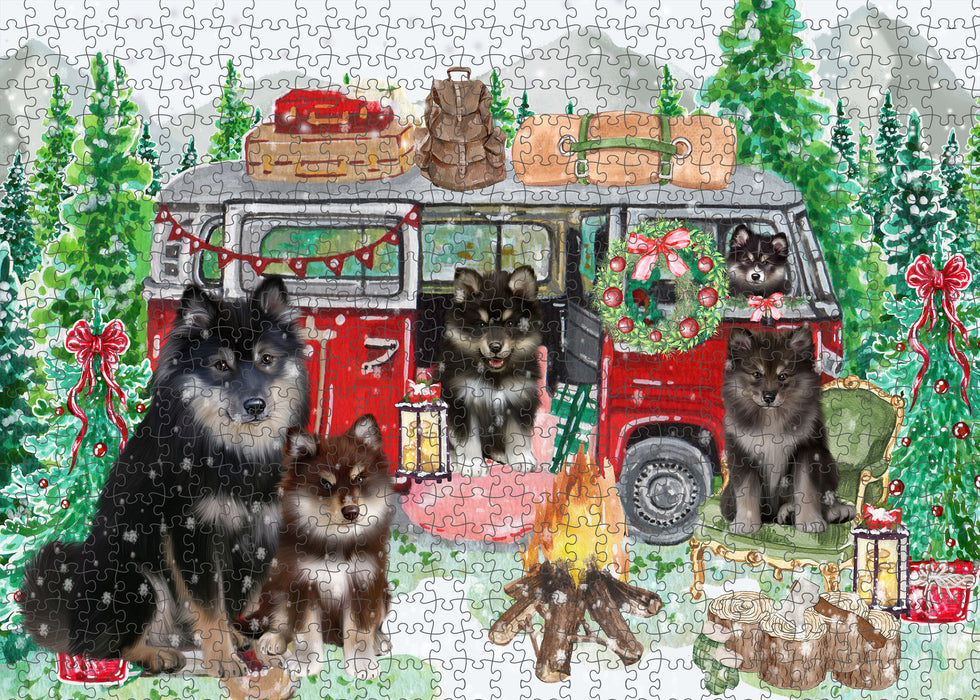 Christmas Time Camping with Finnish Lapphund Dogs Portrait Jigsaw Puzzle for Adults Animal Interlocking Puzzle Game Unique Gift for Dog Lover's with Metal Tin Box