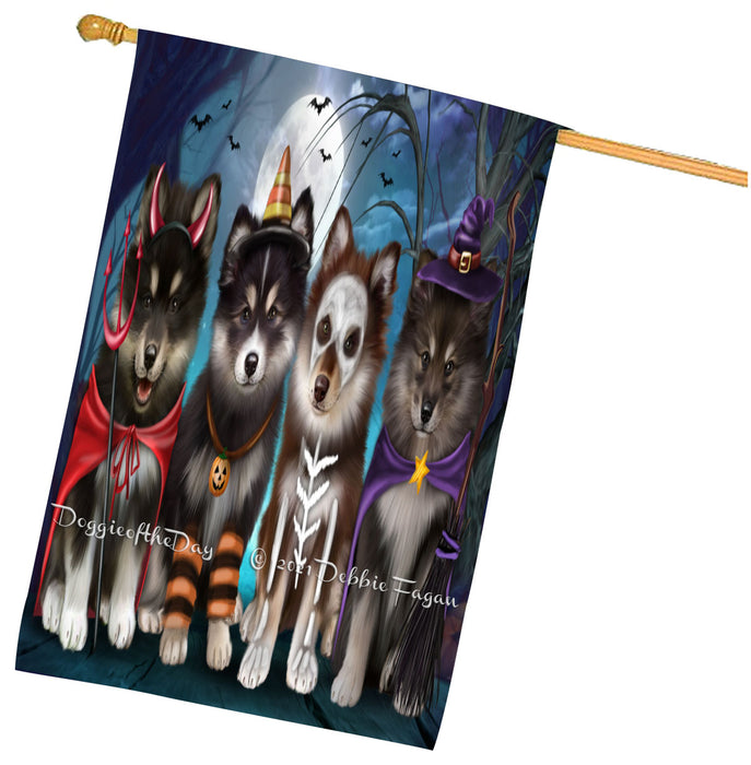 Halloween Trick or Treat Finnish Lapphund Dogs House Flag Outdoor Decorative Double Sided Pet Portrait Weather Resistant Premium Quality Animal Printed Home Decorative Flags 100% Polyester