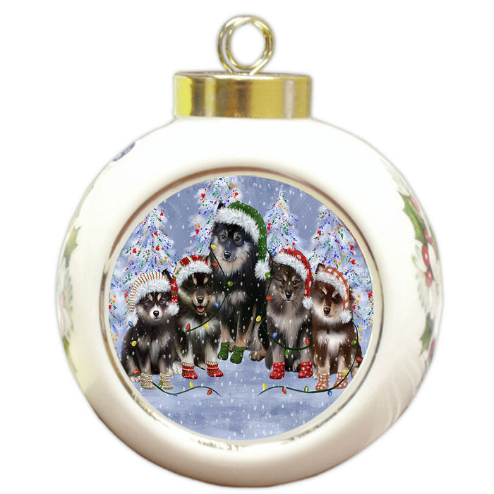 Christmas Lights and Finnish Lapphund Dogs Round Ball Christmas Ornament Pet Decorative Hanging Ornaments for Christmas X-mas Tree Decorations - 3" Round Ceramic Ornament