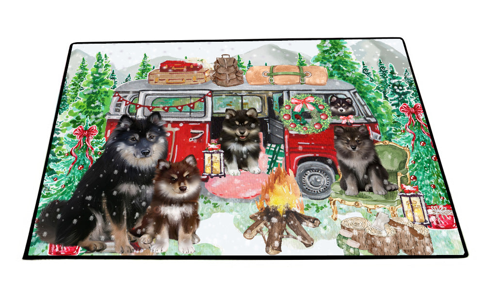 Christmas Time Camping with Finnish Lapphund Dogs Floor Mat- Anti-Slip Pet Door Mat Indoor Outdoor Front Rug Mats for Home Outside Entrance Pets Portrait Unique Rug Washable Premium Quality Mat