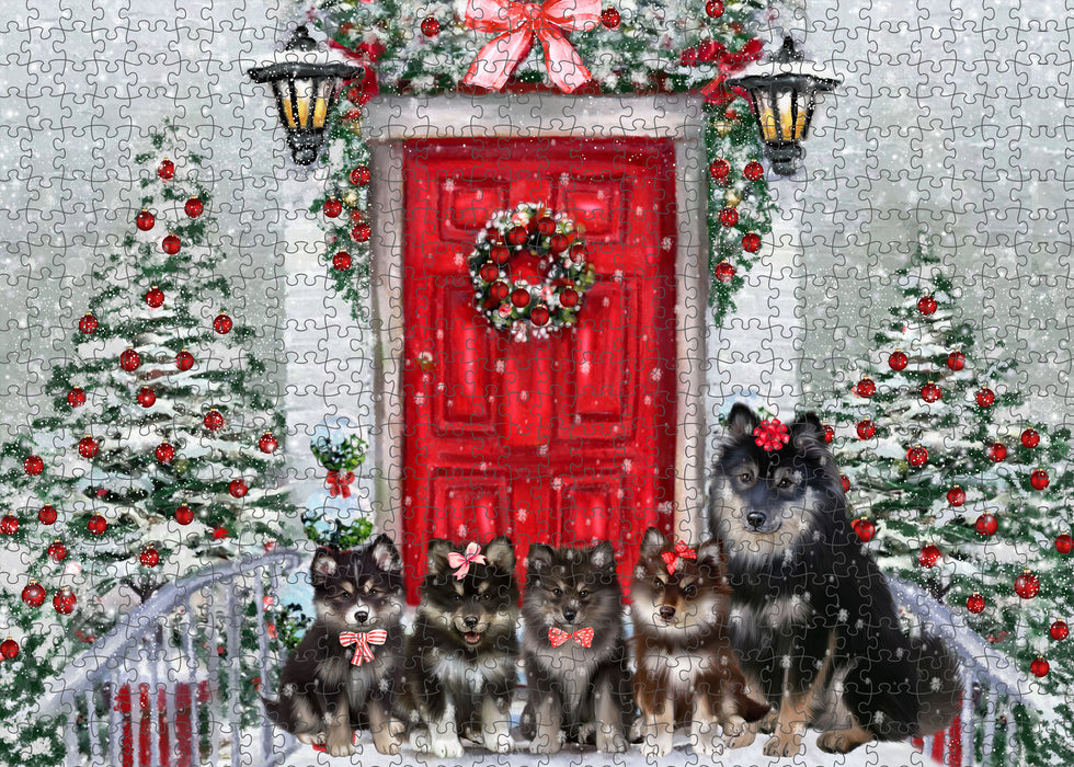 Christmas Holiday Welcome Finnish Lapphund Dogs Portrait Jigsaw Puzzle for Adults Animal Interlocking Puzzle Game Unique Gift for Dog Lover's with Metal Tin Box