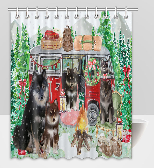 Christmas Time Camping with Finnish Lapphund Dogs Shower Curtain Pet Painting Bathtub Curtain Waterproof Polyester One-Side Printing Decor Bath Tub Curtain for Bathroom with Hooks