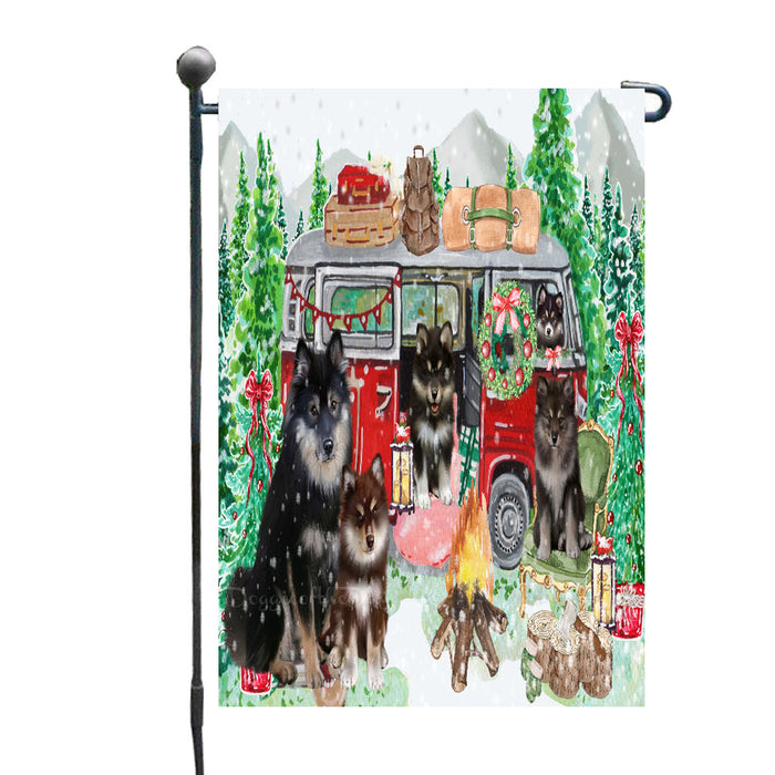 Christmas Time Camping with Finnish Lapphund Dogs Garden Flags- Outdoor Double Sided Garden Yard Porch Lawn Spring Decorative Vertical Home Flags 12 1/2"w x 18"h