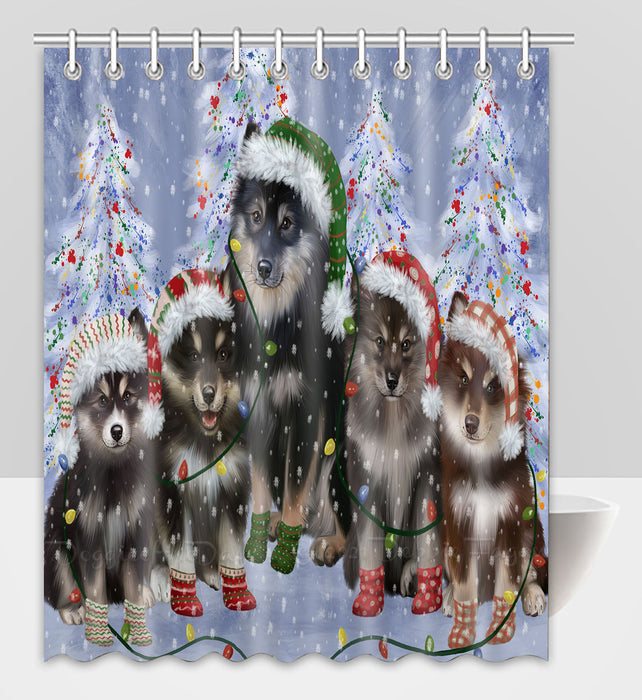 Christmas Lights and Finnish Lapphund Dogs Shower Curtain Pet Painting Bathtub Curtain Waterproof Polyester One-Side Printing Decor Bath Tub Curtain for Bathroom with Hooks