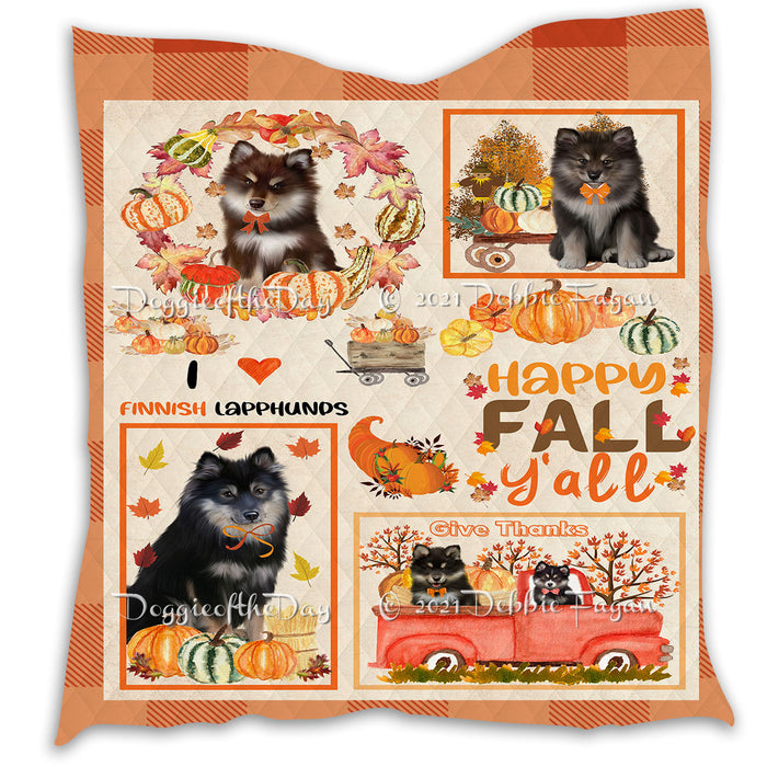 Happy Fall Y'all Pumpkin Finnish Lapphund Dogs Quilt Bed Coverlet Bedspread - Pets Comforter Unique One-side Animal Printing - Soft Lightweight Durable Washable Polyester Quilt