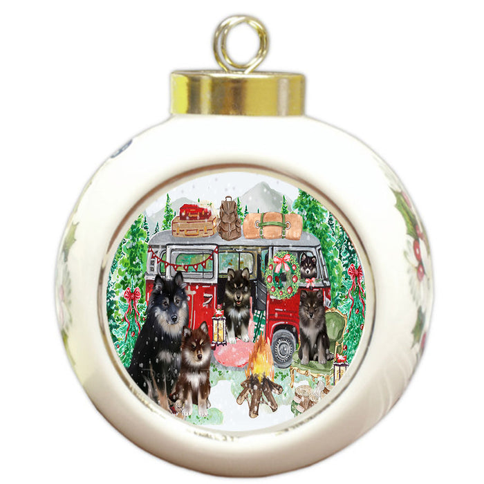 Christmas Time Camping with Finnish Lapphund Dogs Round Ball Christmas Ornament Pet Decorative Hanging Ornaments for Christmas X-mas Tree Decorations - 3" Round Ceramic Ornament