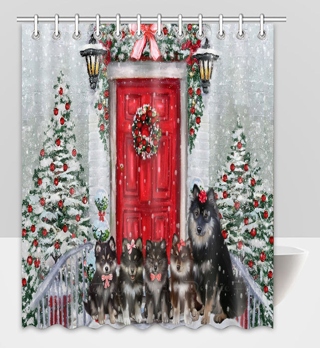 Christmas Holiday Welcome Finnish Lapphund Dogs Shower Curtain Pet Painting Bathtub Curtain Waterproof Polyester One-Side Printing Decor Bath Tub Curtain for Bathroom with Hooks