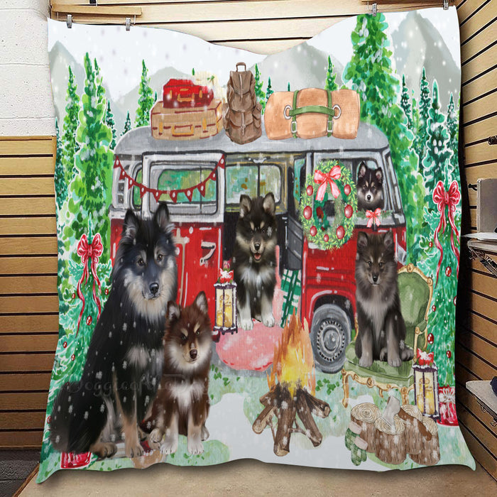 Christmas Time Camping with Finnish Lapphund Dogs  Quilt Bed Coverlet Bedspread - Pets Comforter Unique One-side Animal Printing - Soft Lightweight Durable Washable Polyester Quilt