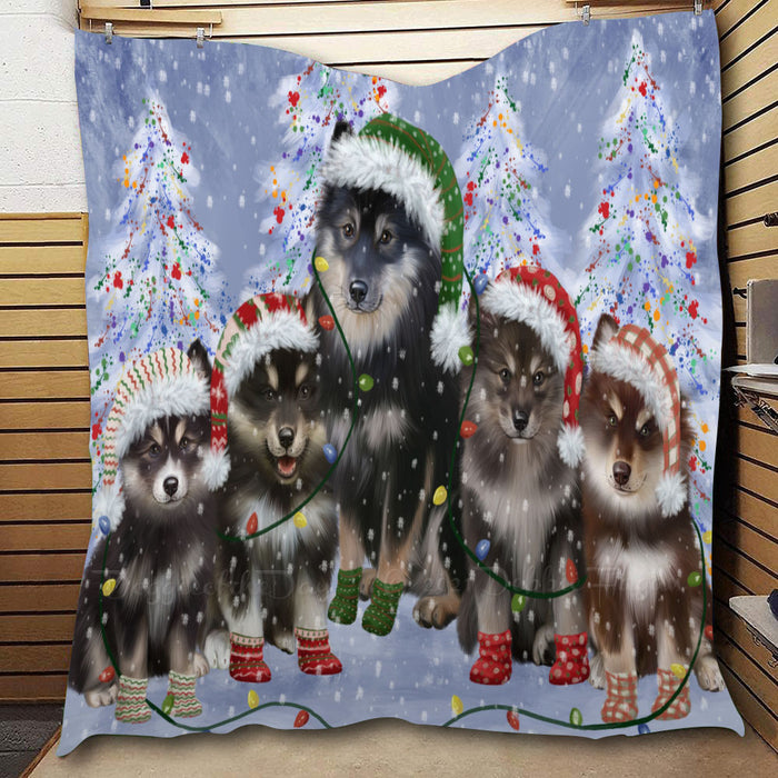 Christmas Lights and Finnish Lapphund Dogs  Quilt Bed Coverlet Bedspread - Pets Comforter Unique One-side Animal Printing - Soft Lightweight Durable Washable Polyester Quilt