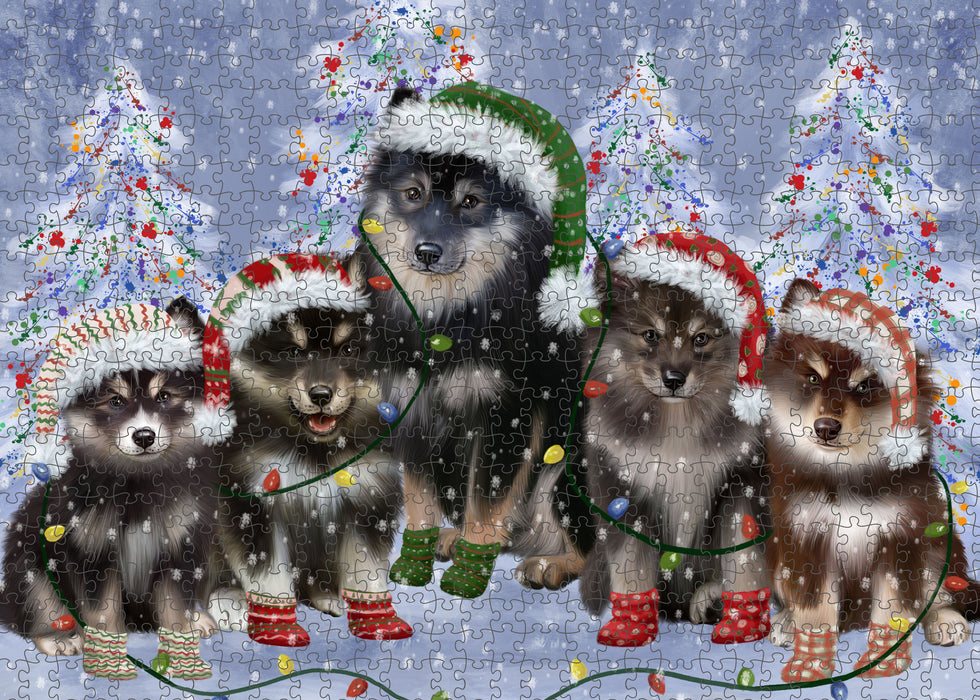 Christmas Lights and Finnish Lapphund Dogs Portrait Jigsaw Puzzle for Adults Animal Interlocking Puzzle Game Unique Gift for Dog Lover's with Metal Tin Box