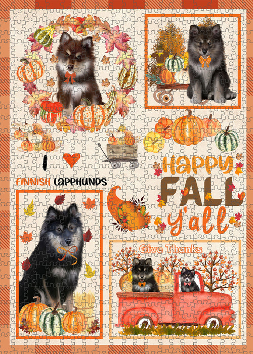 Happy Fall Y'all Pumpkin Finnish Lapphund Dogs Portrait Jigsaw Puzzle for Adults Animal Interlocking Puzzle Game Unique Gift for Dog Lover's with Metal Tin Box