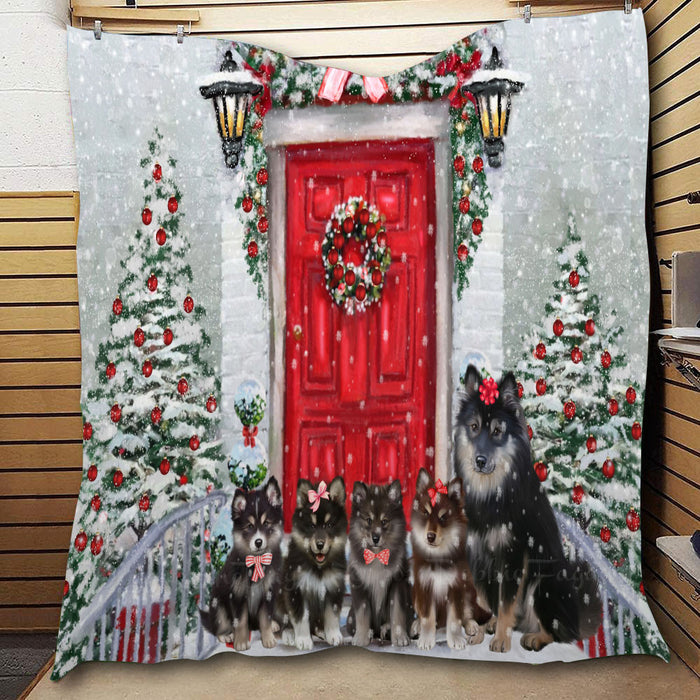 Christmas Holiday Welcome Finnish Lapphund Dogs  Quilt Bed Coverlet Bedspread - Pets Comforter Unique One-side Animal Printing - Soft Lightweight Durable Washable Polyester Quilt