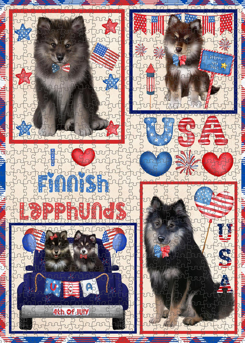 4th of July Independence Day I Love USA Finnish Lapphund Dogs Portrait Jigsaw Puzzle for Adults Animal Interlocking Puzzle Game Unique Gift for Dog Lover's with Metal Tin Box