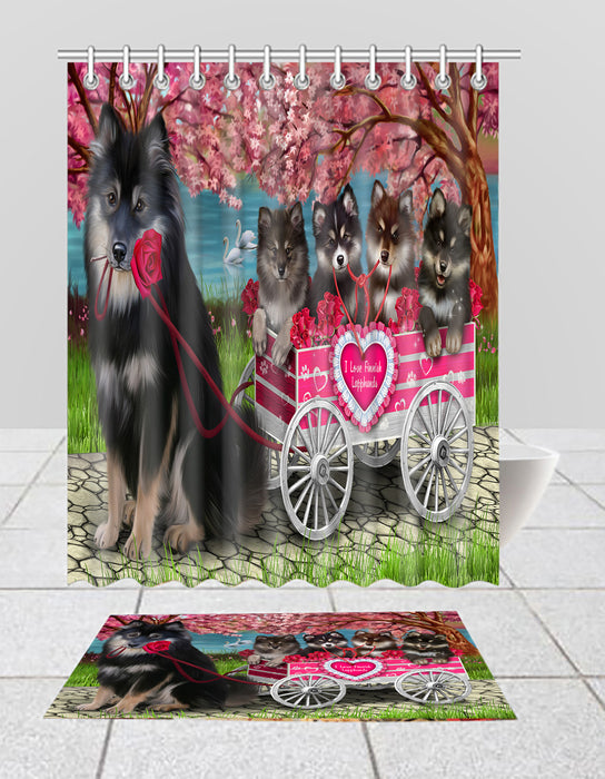I Love Finnish Lapphund Dogs in a Cart Bath Mat and Shower Curtain Combo