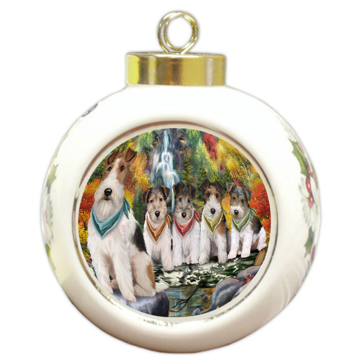 Scenic Waterfall Fox Terriers Dog Round Ball Christmas Ornament RBPOR51884