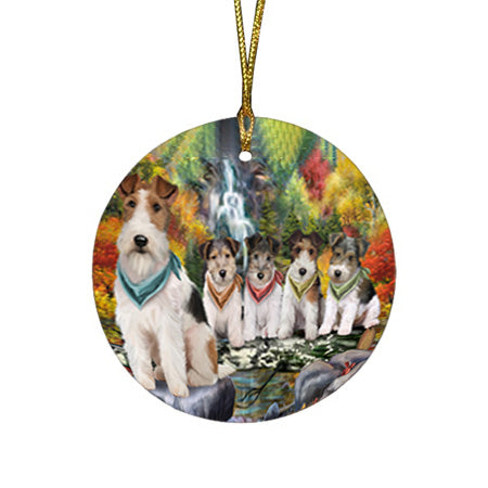 Scenic Waterfall Fox Terriers Dog Round Flat Christmas Ornament RFPOR51875