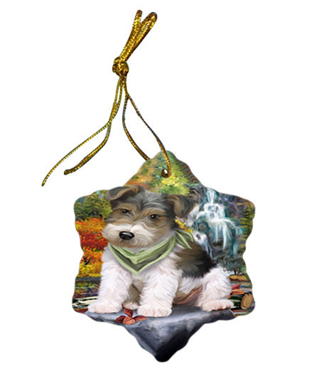 Scenic Waterfall Fox Terrier Dog Star Porcelain Ornament SPOR51876