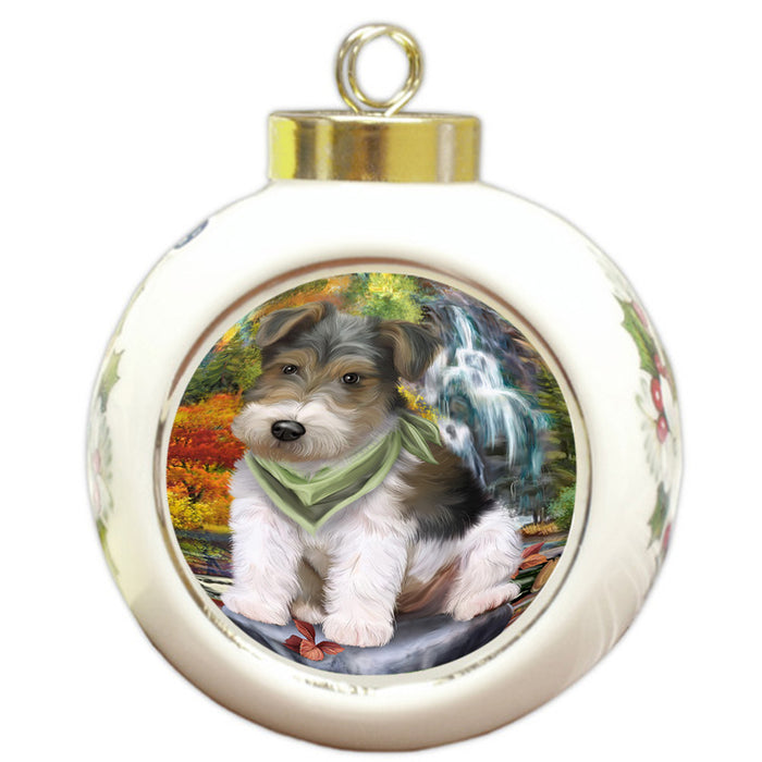 Scenic Waterfall Fox Terrier Dog Round Ball Christmas Ornament RBPOR51885