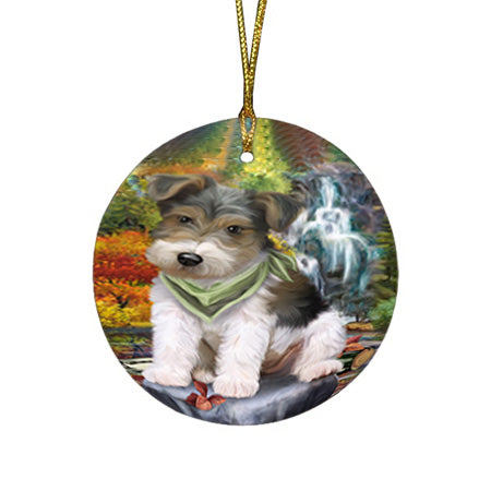 Scenic Waterfall Fox Terrier Dog Round Flat Christmas Ornament RFPOR51876