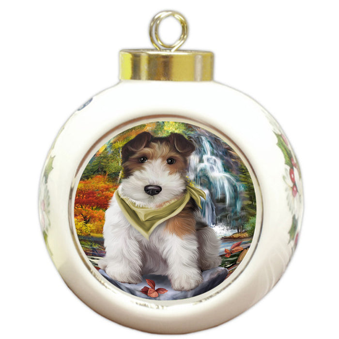 Scenic Waterfall Fox Terrier Dog Round Ball Christmas Ornament RBPOR51886