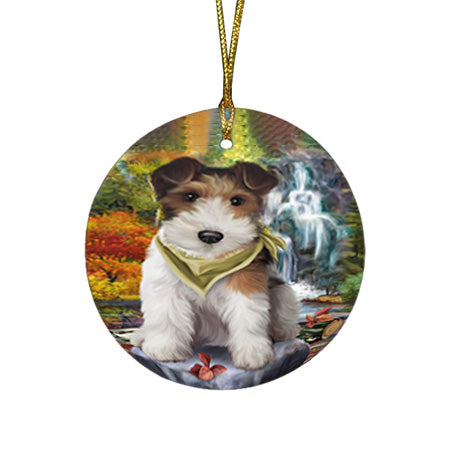 Scenic Waterfall Fox Terrier Dog Round Flat Christmas Ornament RFPOR51877
