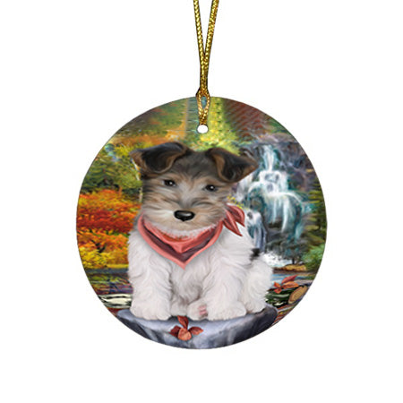 Scenic Waterfall Fox Terrier Dog Round Flat Christmas Ornament RFPOR51878
