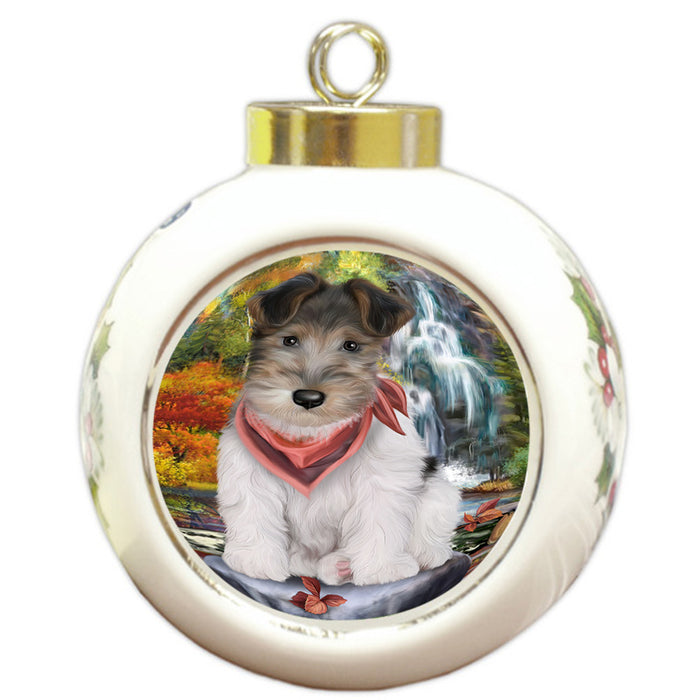 Scenic Waterfall Fox Terrier Dog Round Ball Christmas Ornament RBPOR51887