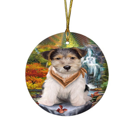 Scenic Waterfall Fox Terrier Dog Round Flat Christmas Ornament RFPOR51879