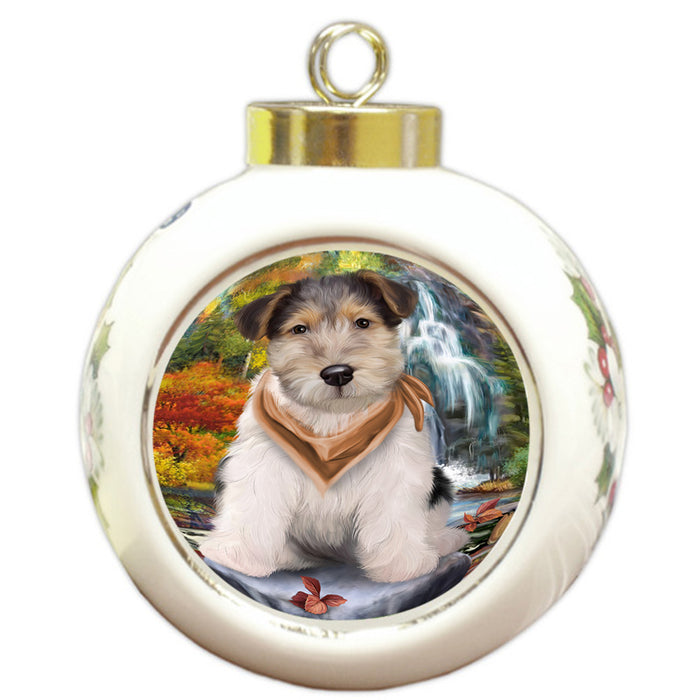 Scenic Waterfall Fox Terrier Dog Round Ball Christmas Ornament RBPOR51888
