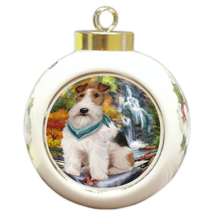 Scenic Waterfall Fox Terrier Dog Round Ball Christmas Ornament RBPOR51889