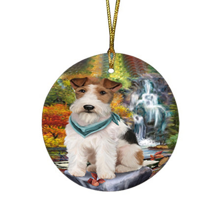 Scenic Waterfall Fox Terrier Dog Round Flat Christmas Ornament RFPOR51880