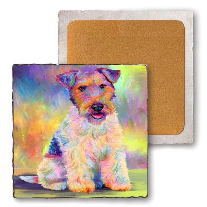 Paradise Wave Fox Terrier Dog Set of 4 Natural Stone Marble Tile Coasters MCST51068