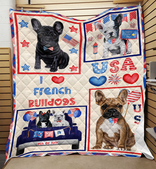 4th of July Independence Day I Love USA French Bulldogs Quilt Bed Coverlet Bedspread - Pets Comforter Unique One-side Animal Printing - Soft Lightweight Durable Washable Polyester Quilt