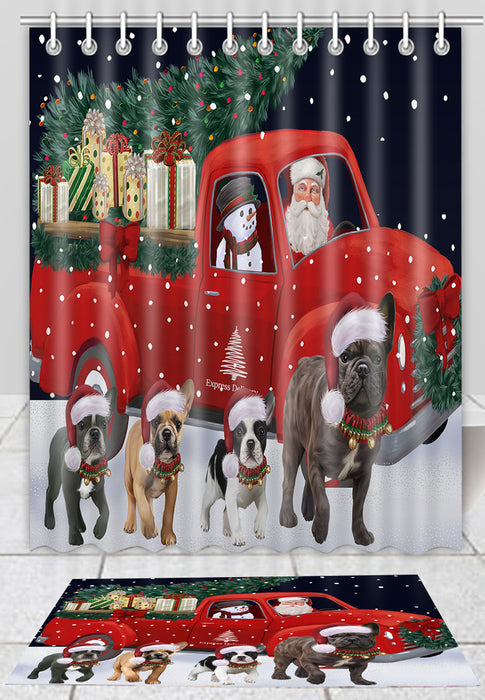 Christmas Express Delivery Red Truck Running French Bulldogs Bath Mat and Shower Curtain Combo
