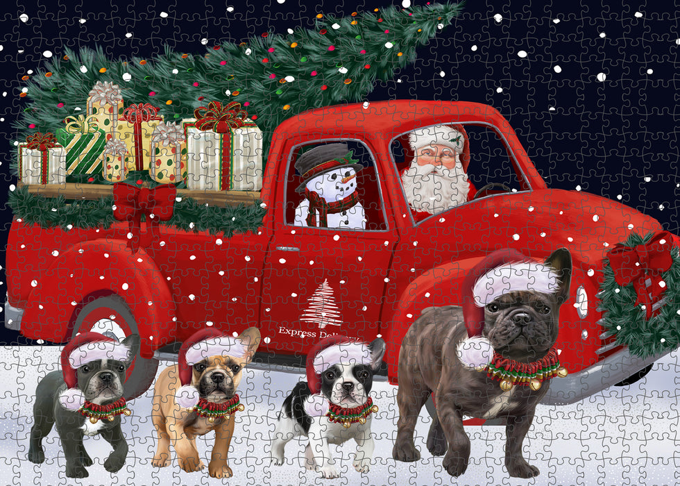 Christmas Express Delivery Red Truck Running French Bulldogs Puzzle with Photo Tin PUZL99700