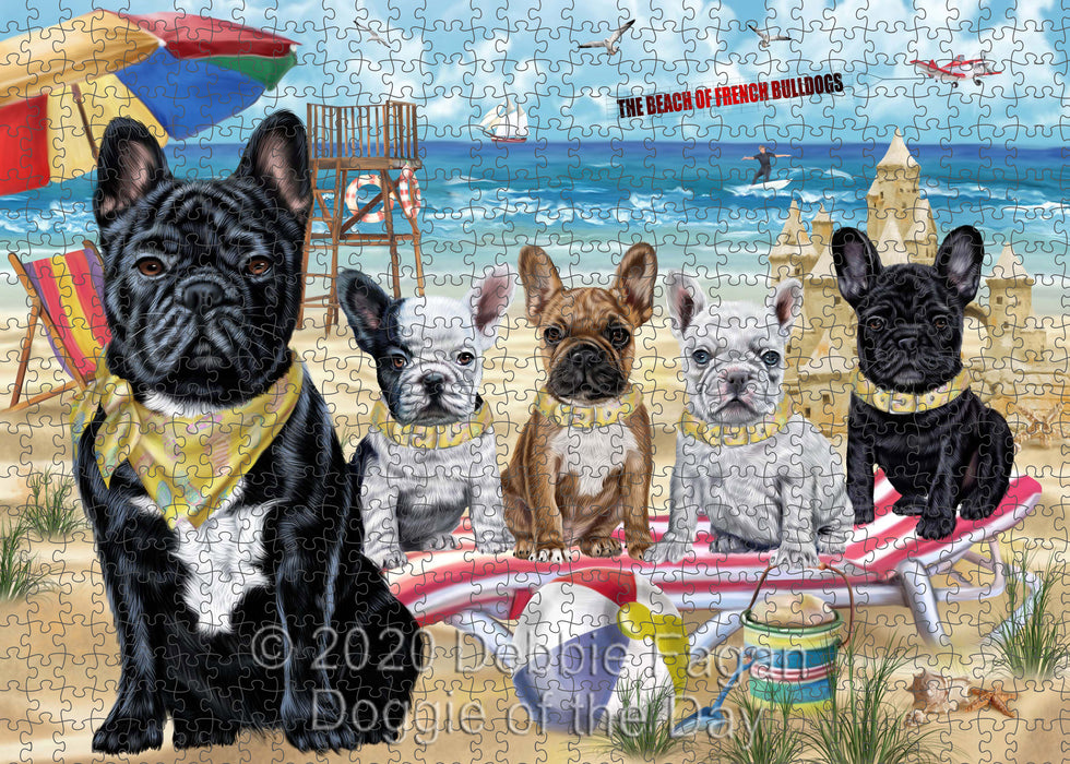 Pet Friendly Beach French Bulldog Dogs Portrait Jigsaw Puzzle for Adults Animal Interlocking Puzzle Game Unique Gift for Dog Lover's with Metal Tin Box