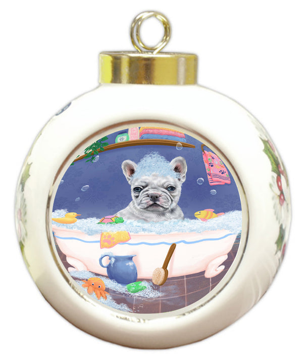 Rub A Dub Dog In A Tub French Bulldog Round Ball Christmas Ornament RBPOR58590